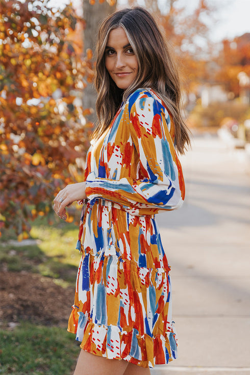 V Neck Long Sleeve Tie Waist Mini Dress